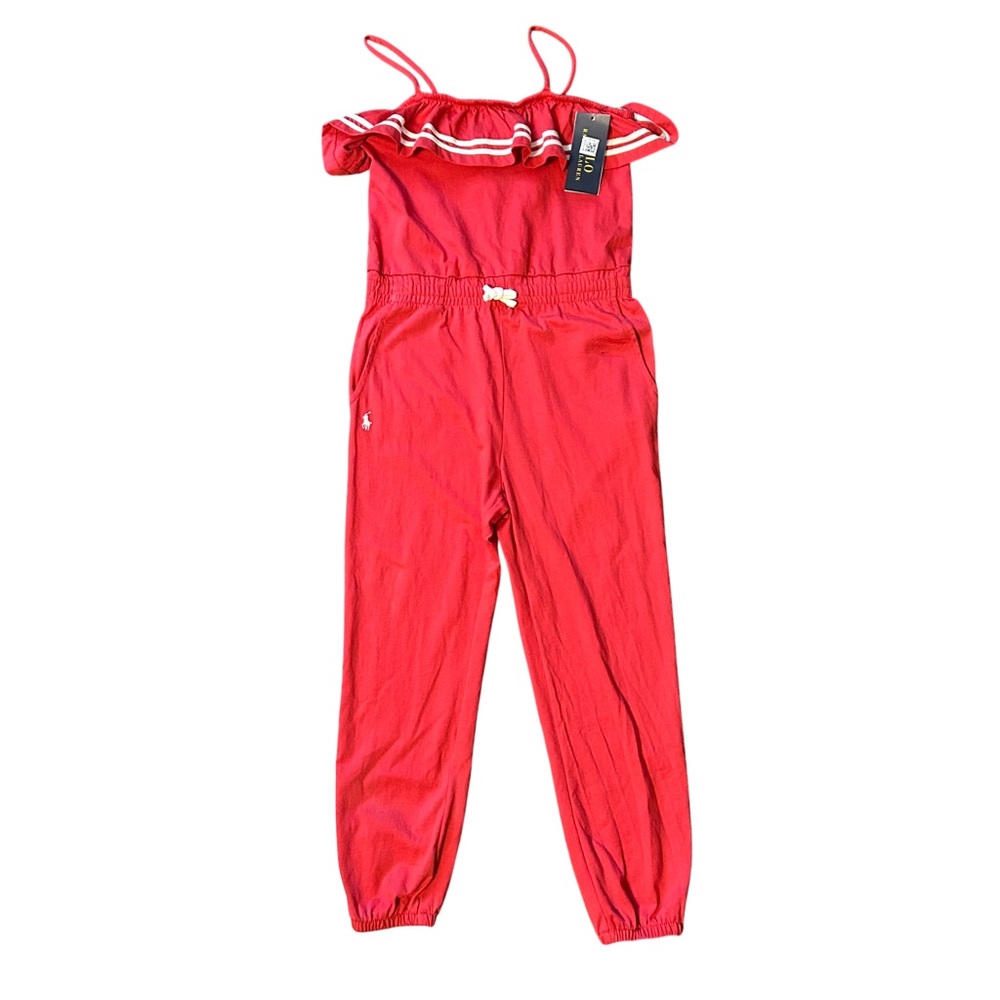 NWT Polo Ralph Lauren Girls 6X Ruffled Jersey Sleeveless Jumpsuit‎ Coral White